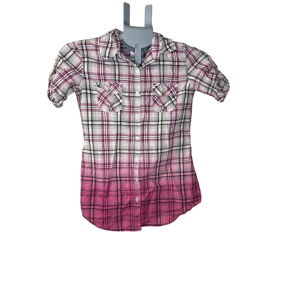 Justice Pink and Black Plaid Shirt Girls Size 12 Button Up